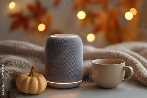 A smart speaker sits on a table next to a cup of tea and a small pumpkin. Soft autumn colors and warm lights create a cozy digital lifestyle atmosphere.