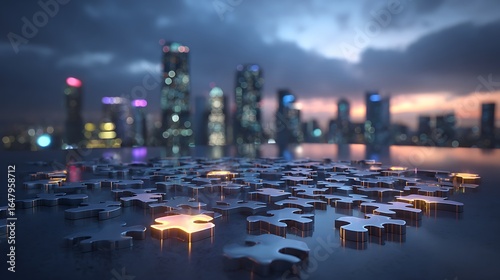 Puzzle Pieces Glow Against Cityscape at Night. Illustrates strategy, challenge, solution. For marketing, web design, editorial.