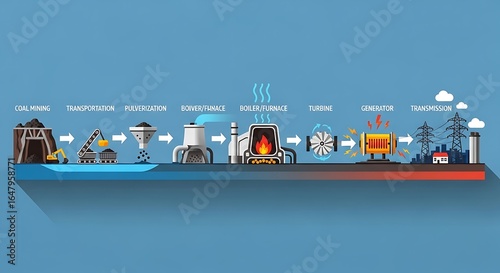 Step-by-step infographic illustrating the coal power plant process from mining to electricity generation and transmission