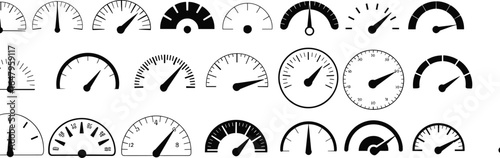 Collection of black and white gauge and meter icons with needles and markings dial speedometer
