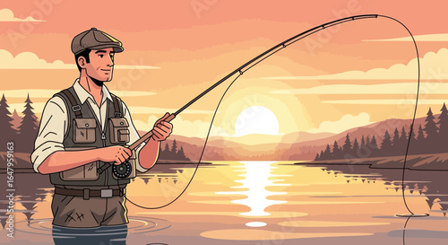 Fly fishing in tranquil waters at sunset, a peaceful outdoor pursuit scene