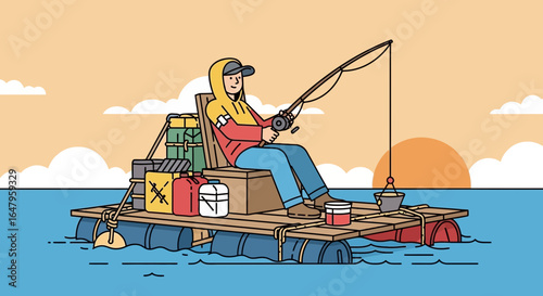 Solitary fisherman enjoys a peaceful afternoon on his handcrafted raft, seeking serenity