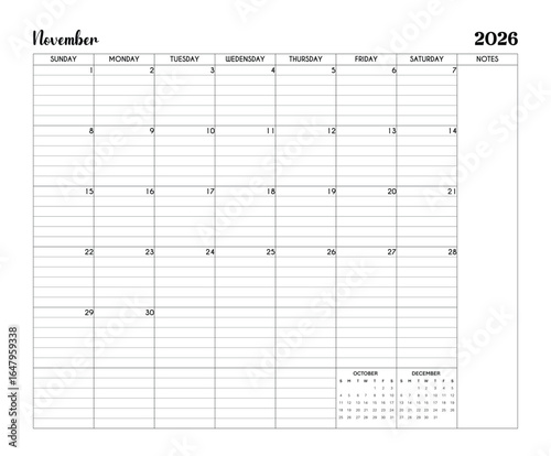 November 2026 Minimalist Printable Calendar Page with Notes Section