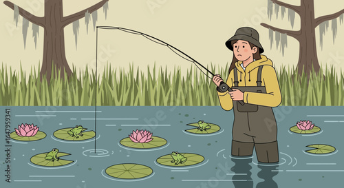 Angler in a Lily Pad Haven: A Woman's Tranquil Fishing Experience Amidst Frogs