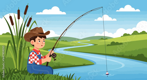 A tranquil scene of a boy fishing by a meandering river on a bright day