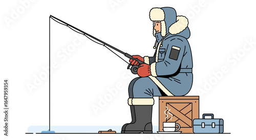 Cartoon depiction of a solitary ice fisherman enjoying winter recreation
