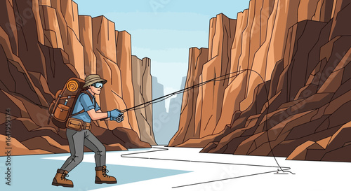 Adventurous fly fisherman in a canyon, enjoying the tranquil art of angling
