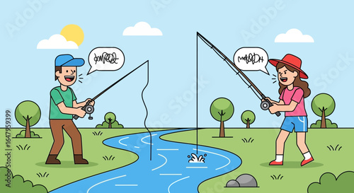 Cartoon illustration of friendly fishing competition between a man and a woman
