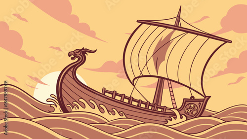 Viking Ship with Dragon Head Sailing  – Epic Historical Vector Illustration with Ocean Waves