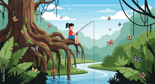 Childhood riverside fantasy: A girl fishes amid tropical flora and fluttering butterflies