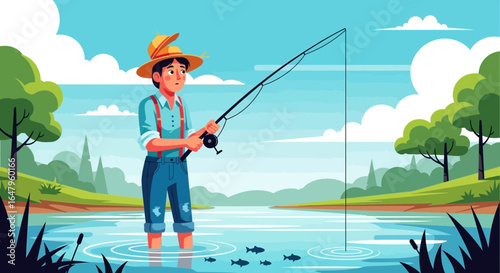 Cartoon illustration of a fisherman standing in a lake with a fishing rod