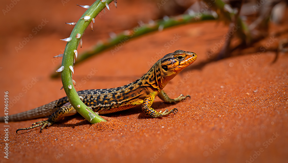 Naklejka premium A detailed closeup captures a vibrant lizard with intricate patterns on its scales, resting on the warm orange sand next to a thorny green plant stem in its natural desert habitat