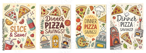 A colorful collection of illustrated pizza-themed promotional posters showcasing savings and dinner options.