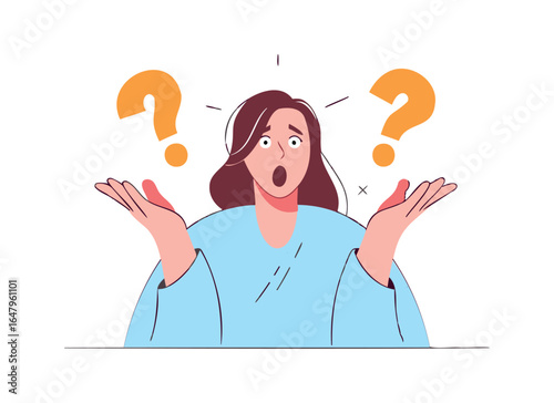 Confused Woman with Question Marks Vector Illustration