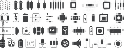 Collection of electronic component icons including resistors capacitors and microchips electronic components