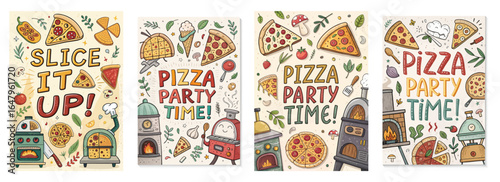 Colorful illustrations showcasing pizza-themed designs and lively party elements.
