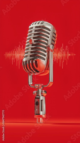 Classic Microphone With Sound Wave Design on Vibrant Red Background During a ...