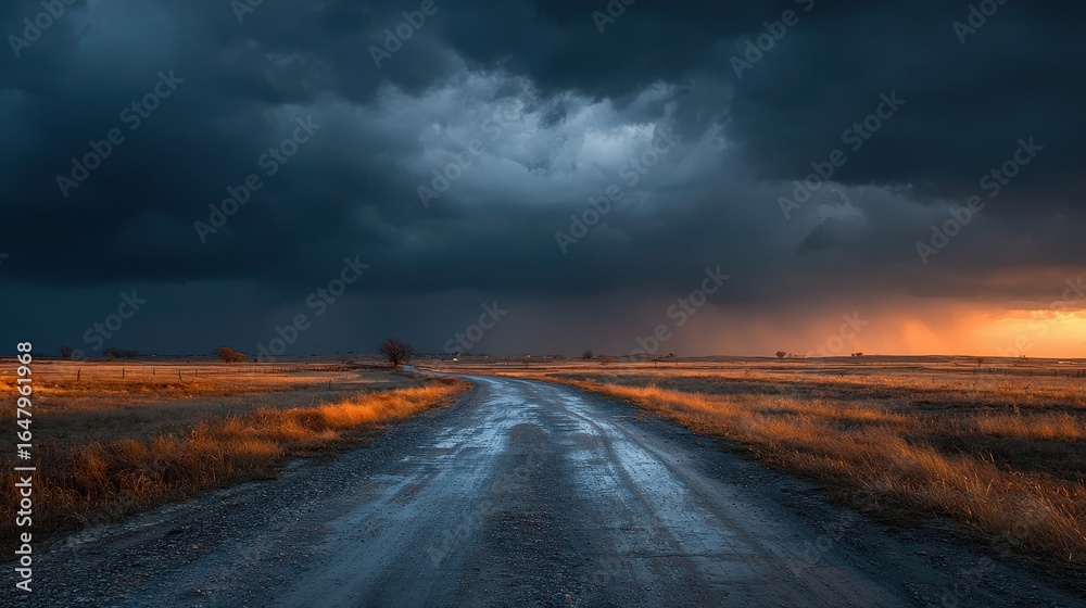 Fototapeta premium Winding dirt road leads through rural golden field as dark stormy clouds loom overhead during sunset