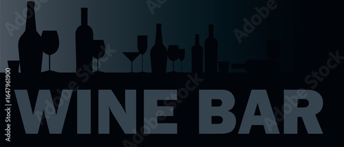 Wine bar, restaurant poster, alcohol collection, bottle and glass outline silhouettes, party concept. Flat design, booze, red wine, chardonnay, liqueur, merlot, strong alcohol, drunkenness, alcoholism