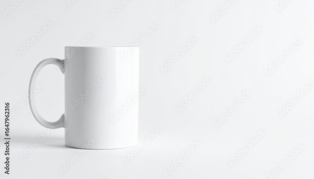 Fototapeta premium White cup for drinking. Ceramic coffee mug mock-up on white backdrop. Minimal tableware.