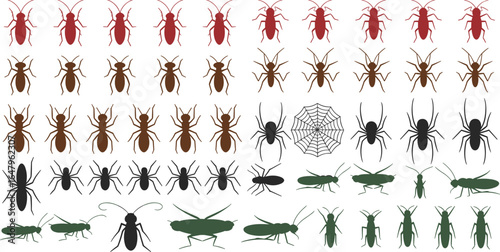 Collection of stylized insect silhouettes in red brown black and green vector