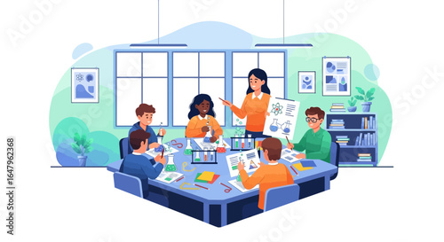 Diverse students and teacher engaging in a fun science class, conducting experiments and learning together in a bright classroom setting.