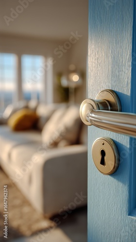 Brightly Lit Living Room View Through a Blue Door With Modern Decor and Cozy ...