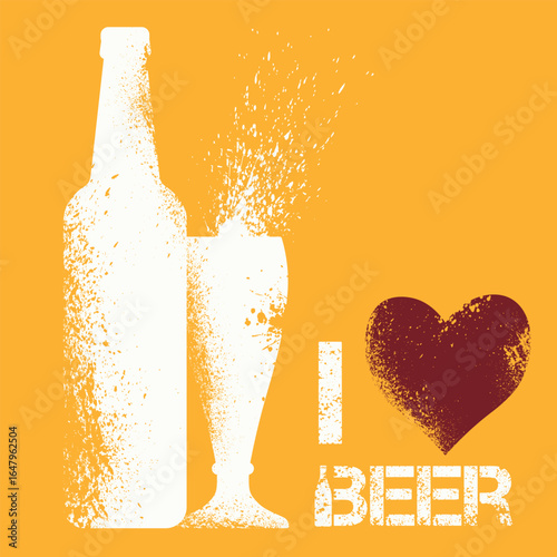 I love beer, poster bottle and glass, heart icon, design flat style, grunge, splashes, banner for pub, restaurant. Illustration kitchen decor, party flyer, booze, oktoberfest, dark beer, light, craft