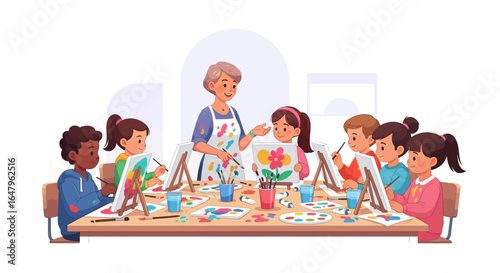 Children's Art Class Young Students Expressing Creativity Through Painting Guided by a Caring Teacher in a Vibrant Studio Session