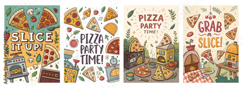 Colorful illustrations of pizzas and pizza-themed phrases, capturing a fun party atmosphere.