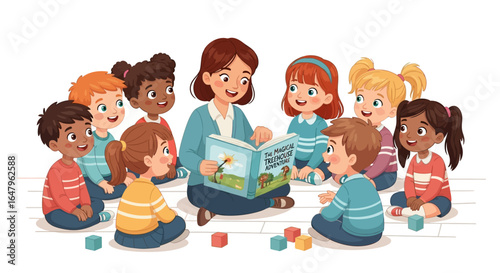 Teacher Reading Story to Diverse Group of Children in Preschool Classroom