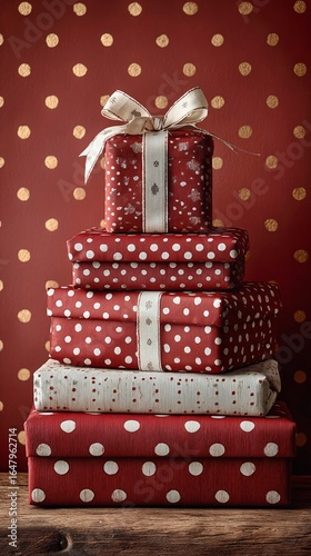 A Stack of Elegantly Wrapped Gifts Features Various Festive Patterns in Red a...