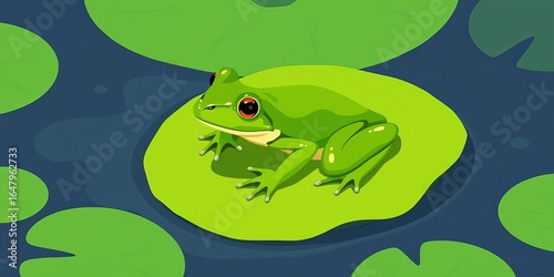 Flat design green frog on lily pad, minimalist modern art style,  amphibian,  serenity