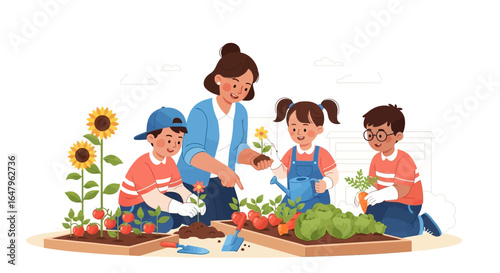 Kids Gardening with Teacher Planting Seeds of Learning and Growth