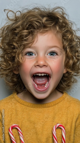 Child With Curly Hair Celebrates Joyfully Indoors With Candy in Hands During ...