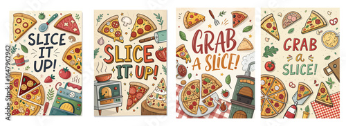 Colorful pizza illustrations with playful typography, showcasing different styles and toppings for pizza lovers.