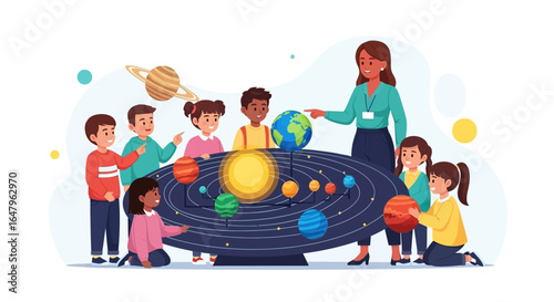 Teacher Explaining Solar System to Excited Students