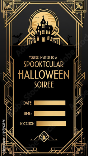 Art Deco Spooktacular Halloween Soiree Invitation with Haunted House and Bats