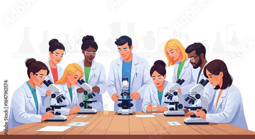 Team of diverse scientists collaborating in a laboratory setting, using microscopes for research and analysis