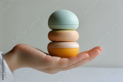 Colorful Wooden Stacking Toys Balanced in a Hand, Showcasing Creativity and F...