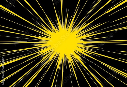 Retro comic book style yellow radial lines exploding outwards from center on black background ,  vibrant,  graphic