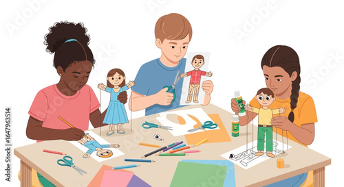 Diverse group of children making paper puppets together in an arts and crafts class.