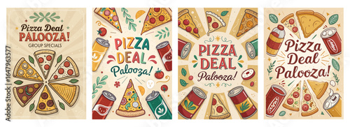 A vibrant pizza deal poster featuring various pizzas and drinks, perfect for promotional events.