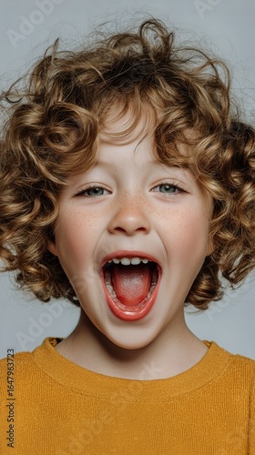 Child With Curly Hair Joyfully Laughing on a Neutral Background