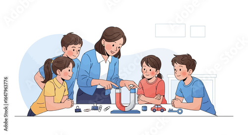Diverse group of young students actively engaged in a science experiment with a teacher demonstrating magnetic principles.