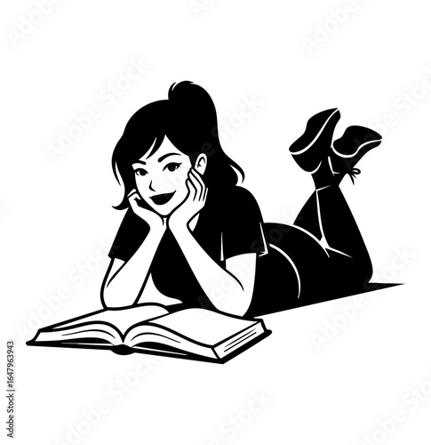 Minimal Flat Vector Female Reader Lying Down Reading Book