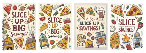 Colorful pizza-themed illustrations promoting big savings with fun, playful designs.