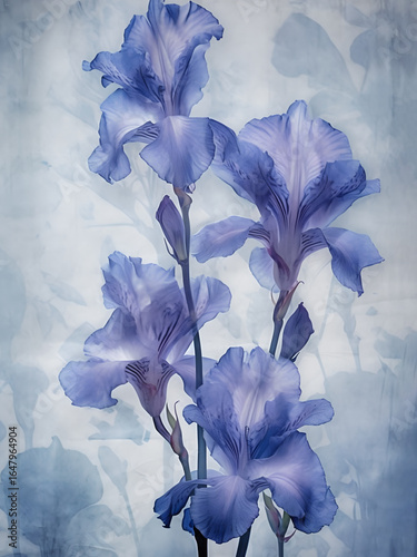 Purple Iris Flowers with a Soft, Vintage Grunge Background