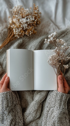 Hands Holding Blank Notebook Surrounded by Dried Flowers in Cozy Setting.