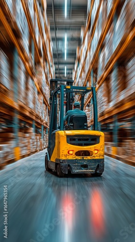 Warehouse Worker Operates a Forklift Between Stacked Pallets in a Busy Storag...